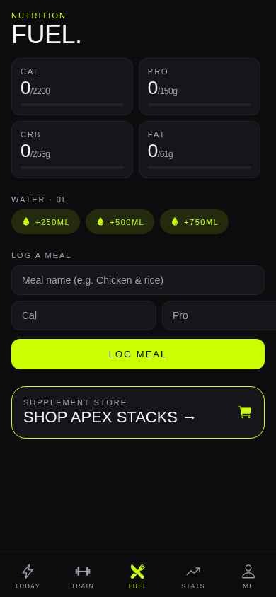 Apex ID Elite Fuel screen with calorie, protein, carb and fat tiles, water quick-add chips, a Log Meal button and a Shop Apex Stacks link