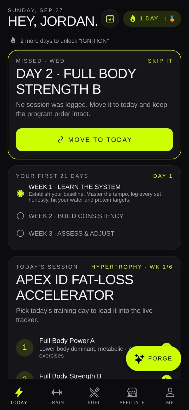 Apex ID Elite Today screen showing a missed Full Body Strength session with a Move to Today button and the Today, Train, Fuel, Affiliate and Me tabs