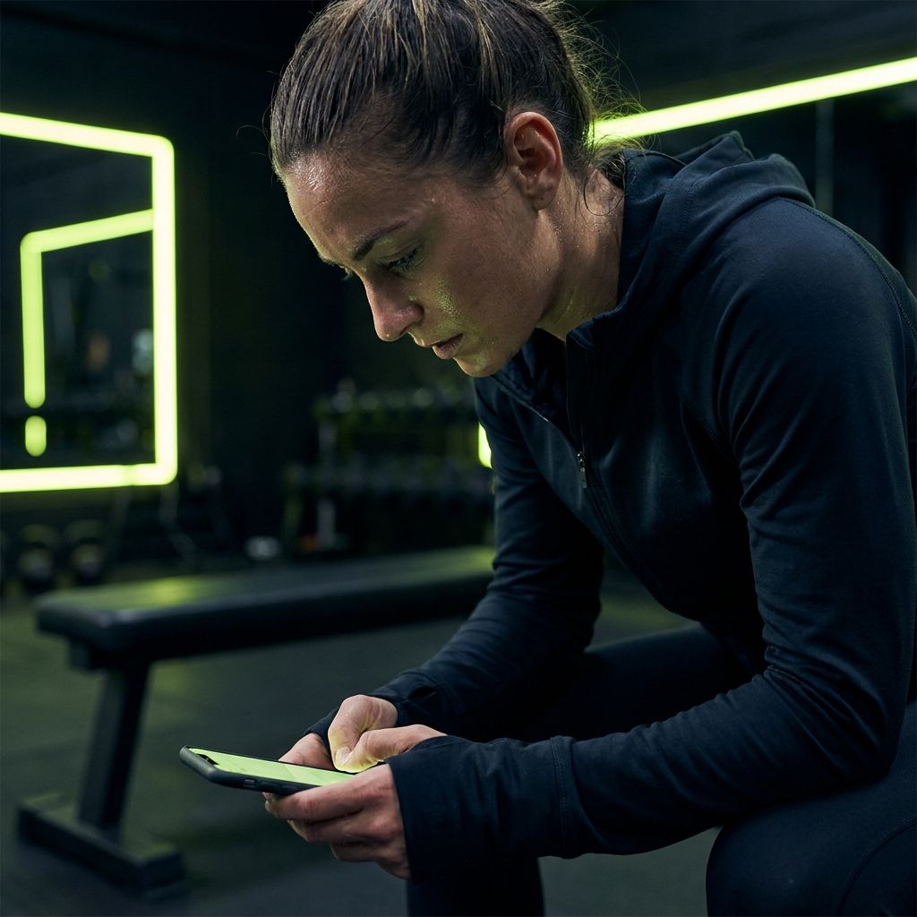 Woman in workout clothes checking her phone between sets