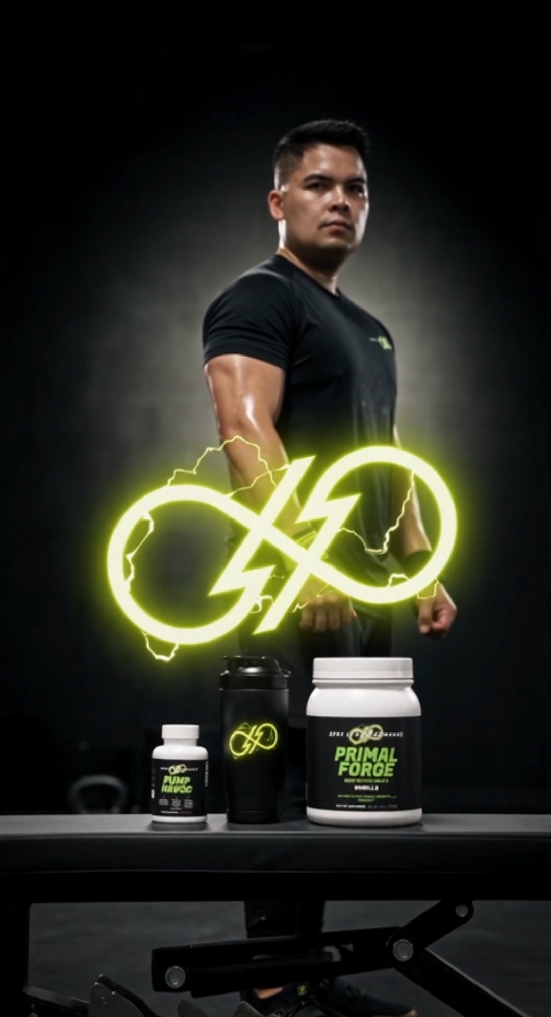 James Jefferson Flores Manipis in a black t-shirt behind a glowing green Apex ID infinity logo, with Primal Forge and Pump Havoc products and a shaker on the bench