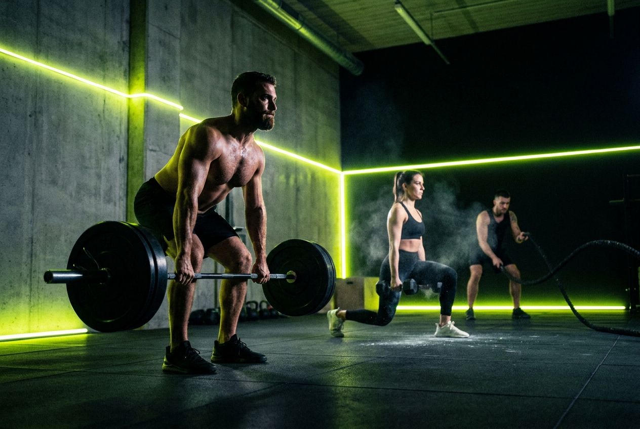 Athlete training alone in a dark gym lit by a single overhead light
