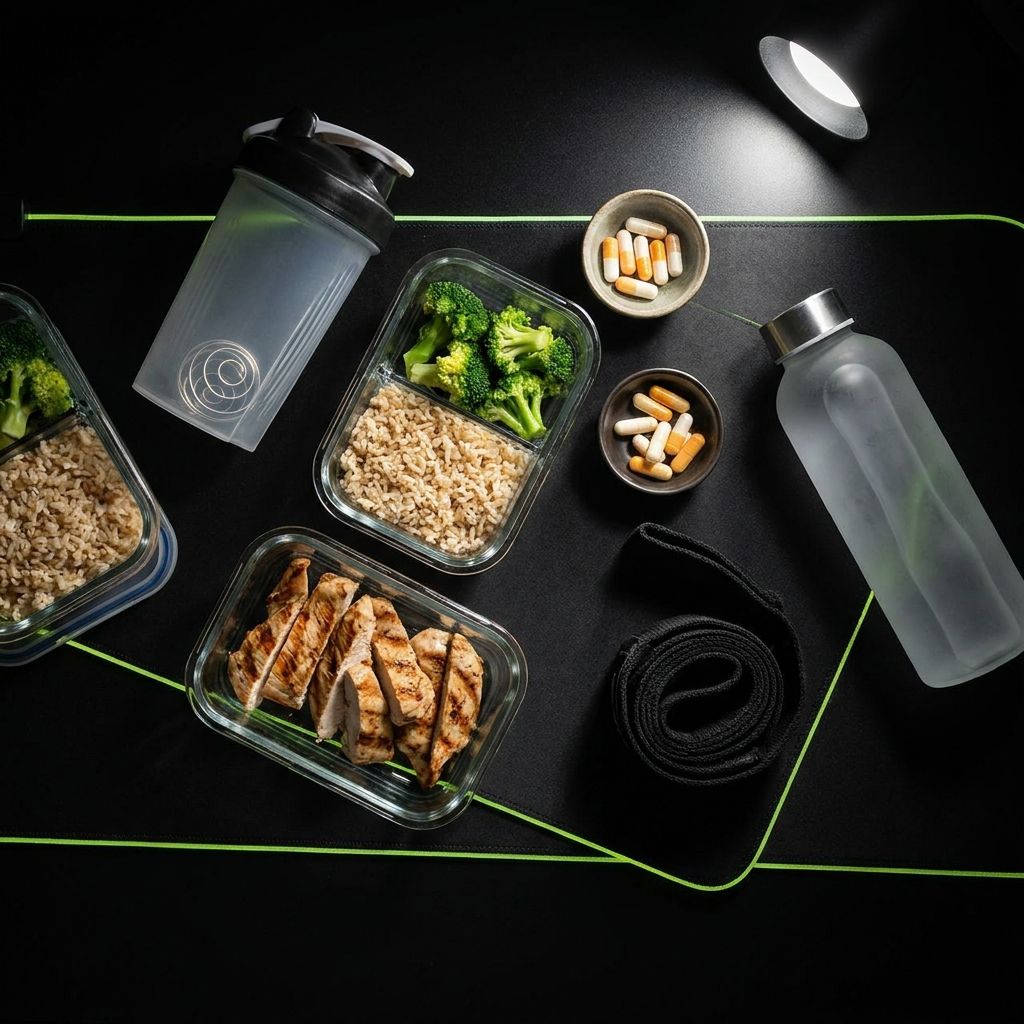 Flat lay of whole foods, protein and meal-prep containers