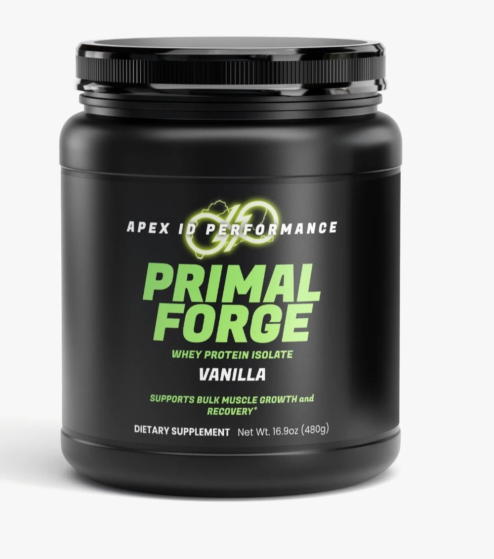 Primal Forge Whey Protein Isolate, Vanilla, black tub by Apex ID Performance
