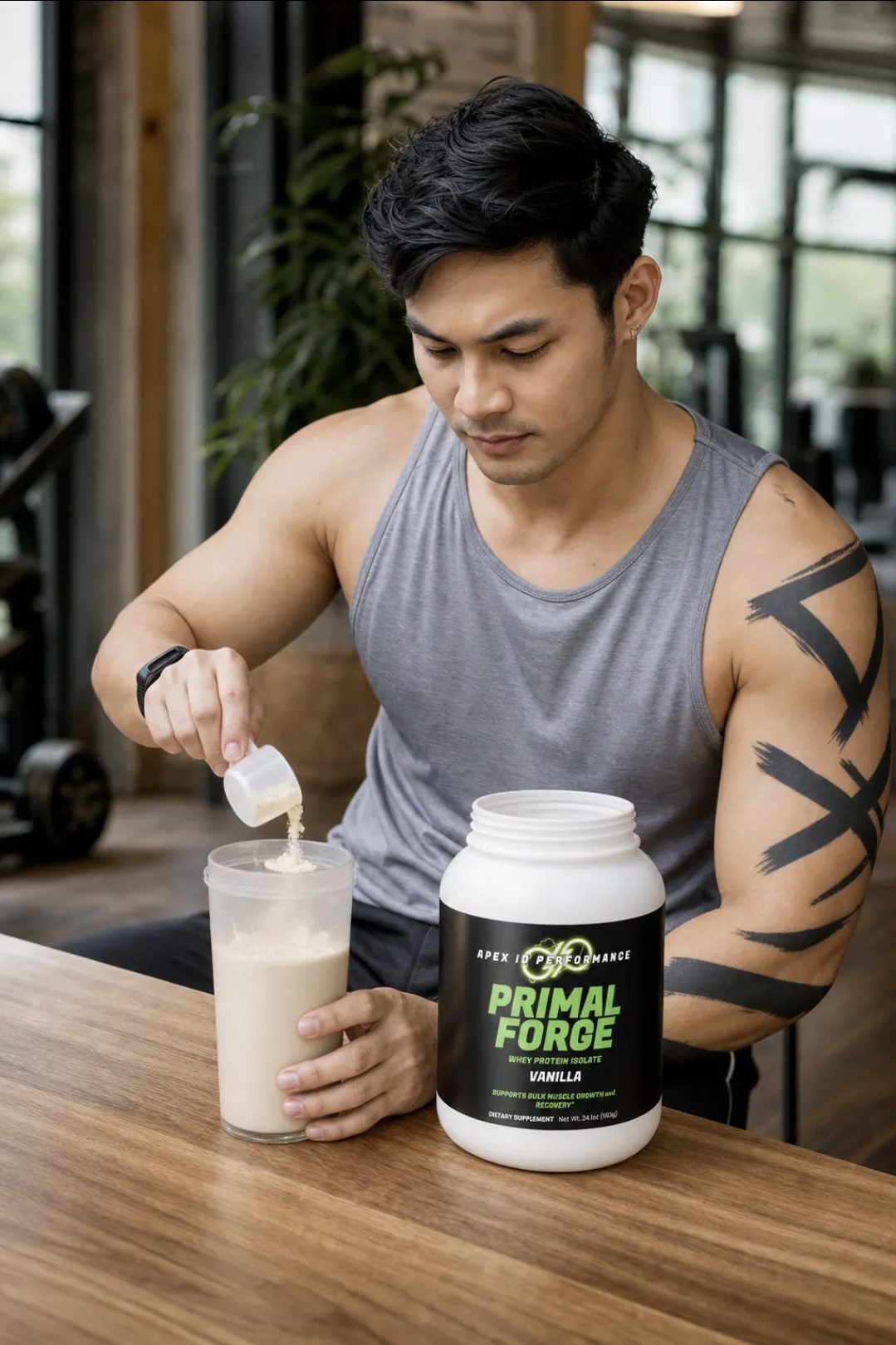 Man in a grey tank top scooping Primal Forge protein into a shaker bottle at a wooden table in a gym